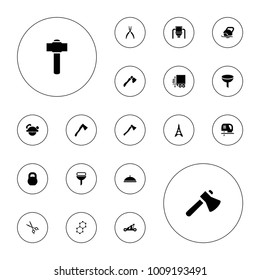 Editable vector steel icons: axe, saw blade, pliers, filter, barbell, cargo height, medical scissors, catapult, axe weapon, tank, dish, eiffel tower on white background.