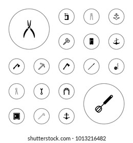 Editable vector steel icons: needle button, wrench, pliers, vice clamp, axe, anchor, corolla, spear, manicure scissors, hammer, horseshoe, clean fridge on white background.