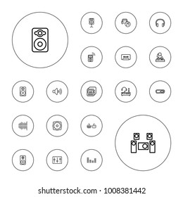 Editable vector stereo icons: 3d glasses, dj, volume, speaker, cassette, equalizer, sliders, loudspeaker, car music, loud speaker with equalizer, headset on white background.