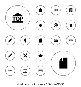 Editable vector sticker icons: no laptop, paper, top of cargo box, bar code, heart in fire, bandage, glued note, cross, camera lense, sold tag on white background.