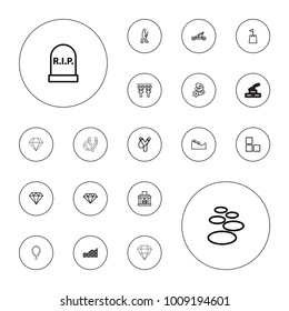 Editable vector stone icons: brick wall, spa stone, spa stones, sligshot, gem, fireplace, castle tower, caveman, catapult, headstone, cemetery, necklace on white background.