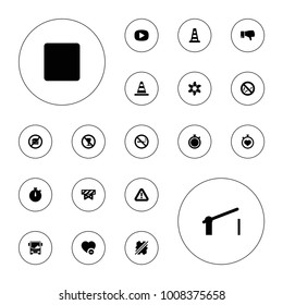Editable vector stop icons: no smoking, cone barrier, barrier, cone, stopwatch, no fast food, minus favorite, dislike, stop, play, airport bus, warning on white background.