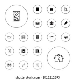 Editable vector storage icons: binder, folder, forklift, flash drive, server, memory card, barn, resume, usb signal, hard disc on white background.