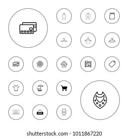 Editable vector store icons: shopping cart, open plate, tag, necklace, fast food cart, credit card, arrow up, storage, hanger, mortgage, card, t-shirt on white background.