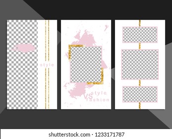Editable vector stories template with golden glitter stripes collection. Stylish luxury fashion banners with transparent details