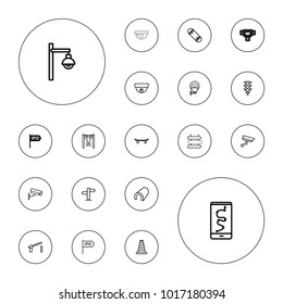 Editable vector street icons: direction, cone barrier, tunnel, security camera, route and phone, bar   tightening, traffic light, barrier, street lamp on white background.