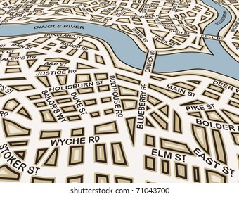 Editable vector street map of an angled generic city with street names