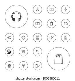 Editable vector studio icons: shopping bag, clapper board, headphones, control panel, microphone, speaker, earphones, camera tape, studio umbrella on white background.