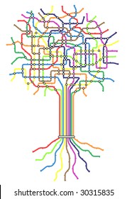 Editable vector subway map in shape of a tree with easy to change line thickness and colors