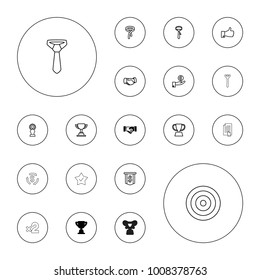Editable vector success icons: handshake, trophy, tie, hand on coin, dollar sign, thumb up, money, casino bet, pointing on document, star on white background.