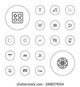 Editable vector summer icons: butterfly, from toy for beach, sunbed, flippers, fast food cart, swimming man, sprout, lemon, bench, avenue, swimming on white background.