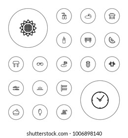 Editable vector summer icons: sunflower, beetle, table, slippers, woman hat, barbecue, golf putter, irrigation system, bench, sun rise, clock, tent, pond on white background.