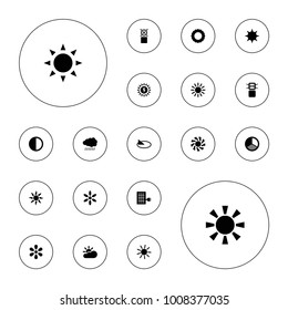 Editable vector sunlight icons: sun, cargo only in box allowed, brightness, sun cloud, solar panel, sun battery on white background.