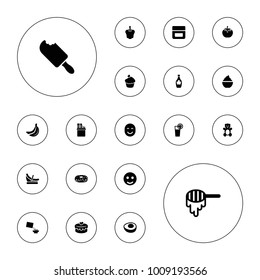 Editable vector sweet icons: honey, teddy bear, cream, smile, donut, maple syrup, milkshake, cereal, muffin, heart lock, cocktail, avocado, banana, pepper on white background.
