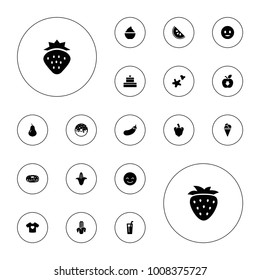 Editable vector sweet icons: strawberry, pear, corn, smiling emot, ice cream, donut, milkshake, drink, t-shirt with heart, cookie, watermelon, cake on white background.
