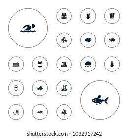 Editable vector swimming icons: fish, pool ladder, swim suit, swimming man, swimsuit, life vest, pool on white background.
