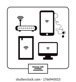 Editable vector. Symbols of electronic devices, computer, mobile, tablet and camera. Black icon.