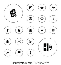Editable vector system icons: tv system, water pipe, cloud download upload, server, home connection, cpu, finger print, intercom, spy camera on white background.