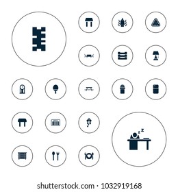 Editable vector table icons: table, nightstand, billiards, fork and spoon, plate with spoon and fork, meeting, pendulum, pepper, ping pong racket on white background.