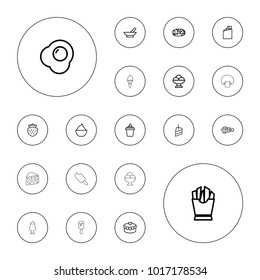 Editable vector tasty icons: bowl, chocolate, ice cream, french fries, ice cream in can, donut, milkshake, strawberry, heart lock, piece of cake, egg on white background.