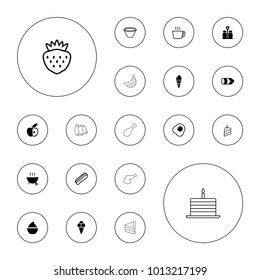 Editable vector tasty icons: sausage, milkshake, apple, ice cream, pepper, egg, barbeque, tea, strawberry, piece of cake, bacon, bowl, banana on white background.