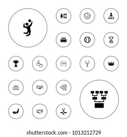 Editable vector team icons: group, structure, trophy, volleyball player, hockey, hockey stick and puck, baseball, handshake, volleyball on white background.
