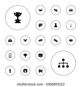 Editable vector team icons: handshake, group, table, hockey puck, trophy, user, football on phone, basketball basket, goal post, gear on white background.