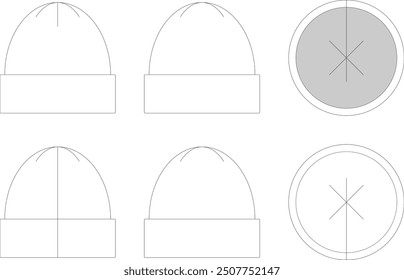 Editable vector technical fashion sketch for a beanie hat for apparel design, tech packs, and fashion production. Front, back, side, top and bottom view.