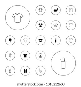 Editable vector tee icons: t-shirt with heart, golf ball, golf stick on white background.