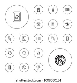 Editable vector telephone icons: calendar on phone, 24 hours support, hand on smartphone, desk phone, important message, call, support on white background.