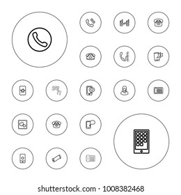 Editable vector telephone icons: desk phone, poker on phone, call, important message, customer support, photo with heart on white background.