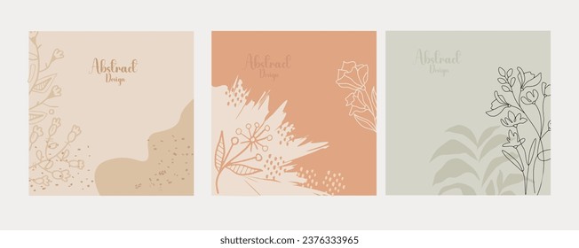 Editable vector template featuring delicate floral elements on neutral pastel backgrounds. Ideal for wedding invitations, social media posts, cards, covers, posters, mobile apps, and web ads.