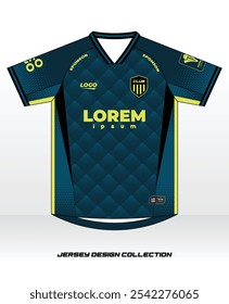 Plantilla de Vector editable con un moderno diseño de camiseta de fútbol azul marino y verde lima. Perfecto para la marca de ropa deportiva, uniformes de equipo y ropa deportiva personalizada. Esta Plantilla de jersey deportivo incluye 