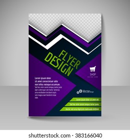 Editable vector template of flyer for business brochure, presentation, website, magazine cover. Green and purple colors.