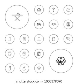 Editable vector textile icons: baby socks, ironing table, female underwear, singlet, sleeveless shirt, tie, pants, jacket, t-shirt with heart, kimono on white background.