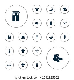 Editable vector textile icons: tent, bra, shower, dirty laundry, mannequin, socks, female underwear, jacket, pants, jumpsuit, ironing table, singlet on white background.