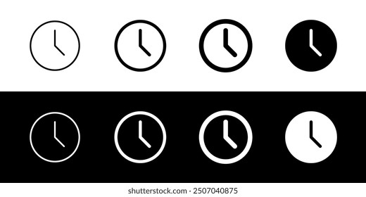 Bearbeitbare Vektorzeit, analoges Uhrsymbol. Schwarz, Linienstil, transparenter weißer Hintergrund. Teil einer großen Ikone-Set-Familie. Perfekt für Web- und App-Schnittstellen, Präsentationen, Infografiken usw.