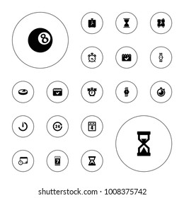 Editable vector time icons: alarm, wrist watch, clock alarm, calendar, calendar 7 date, stopwatch camera, 24 hours, sundial, hourglass, stopwatch on white background.