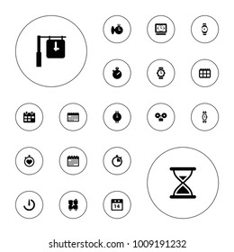 Editable vector time icons: wrist watch, calendar, stopwatch, 14 date calendar, stopwatch camera, wrist watch for woman, clock, alarm on white background.