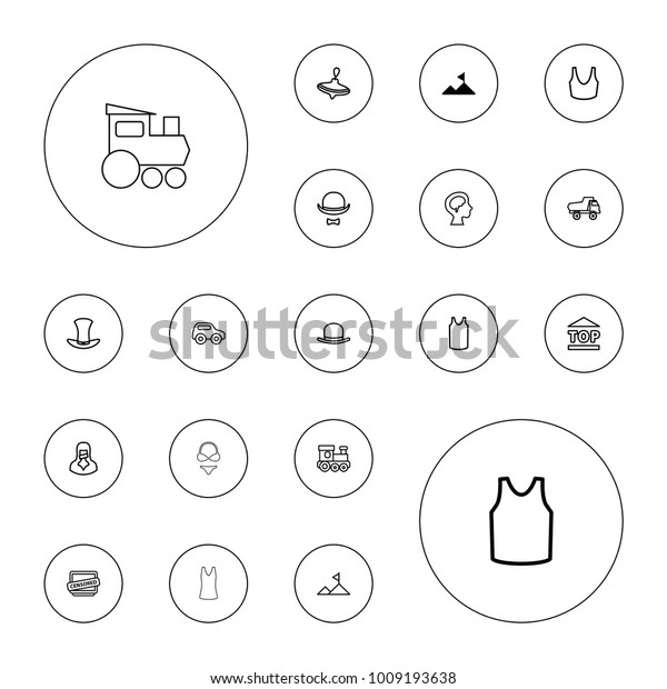 Editable vector top\
icons: mountain, whirligig, toy car, train toy, hat, sport bra,\
singlet, top of cargo box, censored woman, censored, human brain on\
white background.