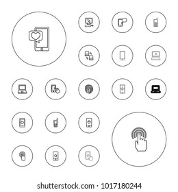 Editable vector touch icons: pointer on display, finger on display, laptop, hand on smartphone, touchscreen, old phone, home on phone display on white background.