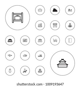 Editable vector tourism icons: passport, luggage storage, tent, arc de triomphe, temple, boat, map location, pool, lugagge weight, home on island, plane on white background.