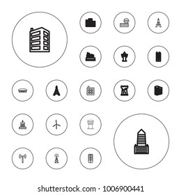 Editable vector tower icons: mill, signal tower, airport, business centre, building, bank, castle on white background.