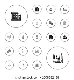 Editable vector tower icons: modern curved building, castle, business center, building, toy tower on white background.