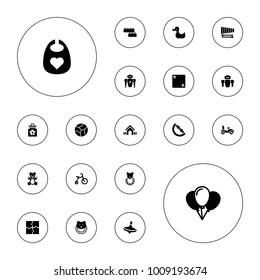 Editable vector toy icons: child bicycle, whirligig, baby bid, baby toy, puzzle, balloon, robot, xylophone, beach ball, teddy bear, duck, bike on white background.