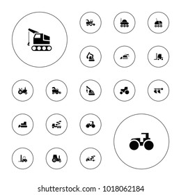 Editable vector tractor icons: tractor, excavator on white background.