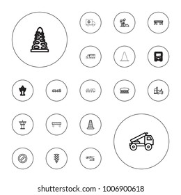 Editable vector traffic icons: truck with luggage, cone barrier, airport tower, airport, barrier, digging man, forklift, traffic light, prohibited on white background.