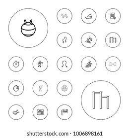 Editable vector training icons: jump rope, skipping rope, horizontal bar, fit ball, treadmill, teacher, karate, snowboard, basketball player, diploma on white background.