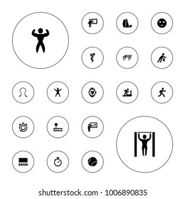 Editable vector training icons: teacher, sweating emot, skipping rope, horizontal bar, man on treadmill, running, classroom, heartbeat watch, bodybuilder on white background.