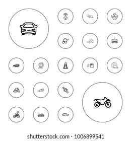 Editable vector transport icons: plane, tunnel, car, construction, express delivery, handle with care, qround the globe, cargo wagon, cargo ship, bicycle on white background.